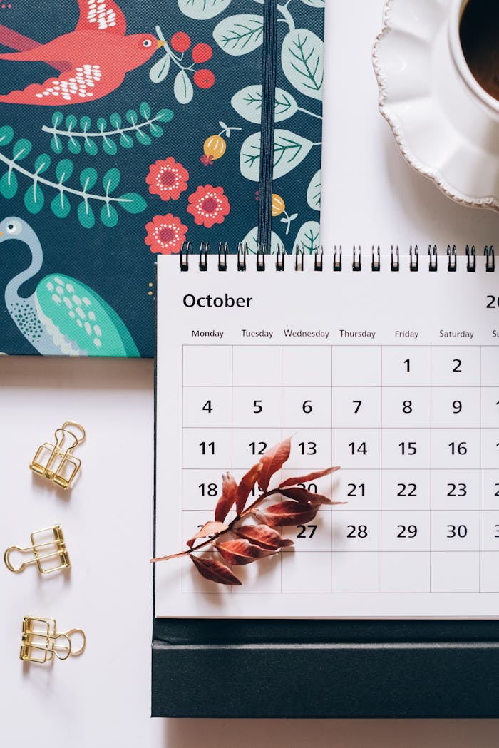 gallery-4 Flat lay of an October calendar and planner with autumn leaves and coffee cup, perfect for planning enthusiasts.