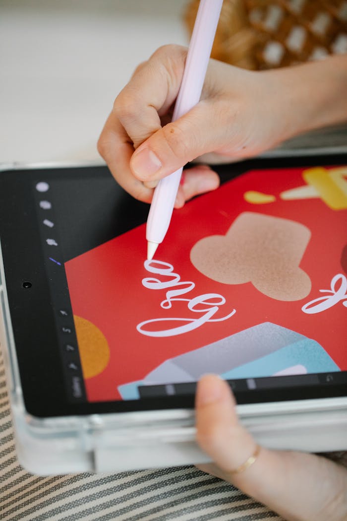 gallery-1 Close-up of hand drawing digital art with a stylus on a tablet, showcasing modern creativity.